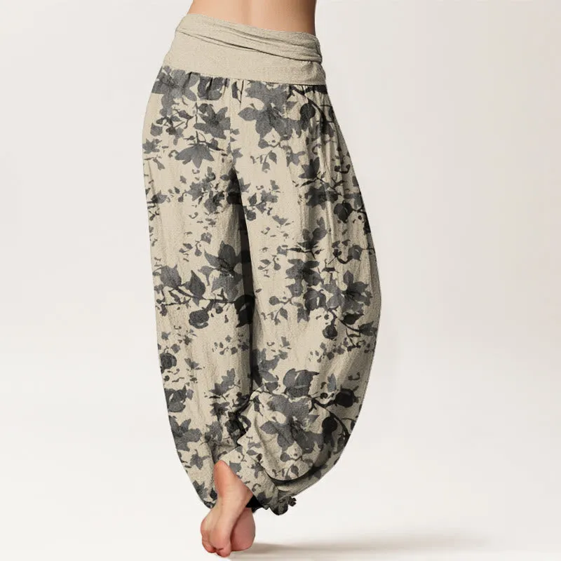 Buddha Stones Leaves Design Women's Elastic Waist Harem Pants
