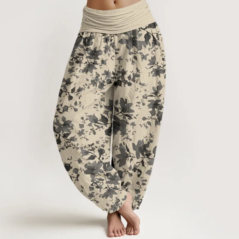 Buddha Stones Leaves Design Women's Elastic Waist Harem Pants