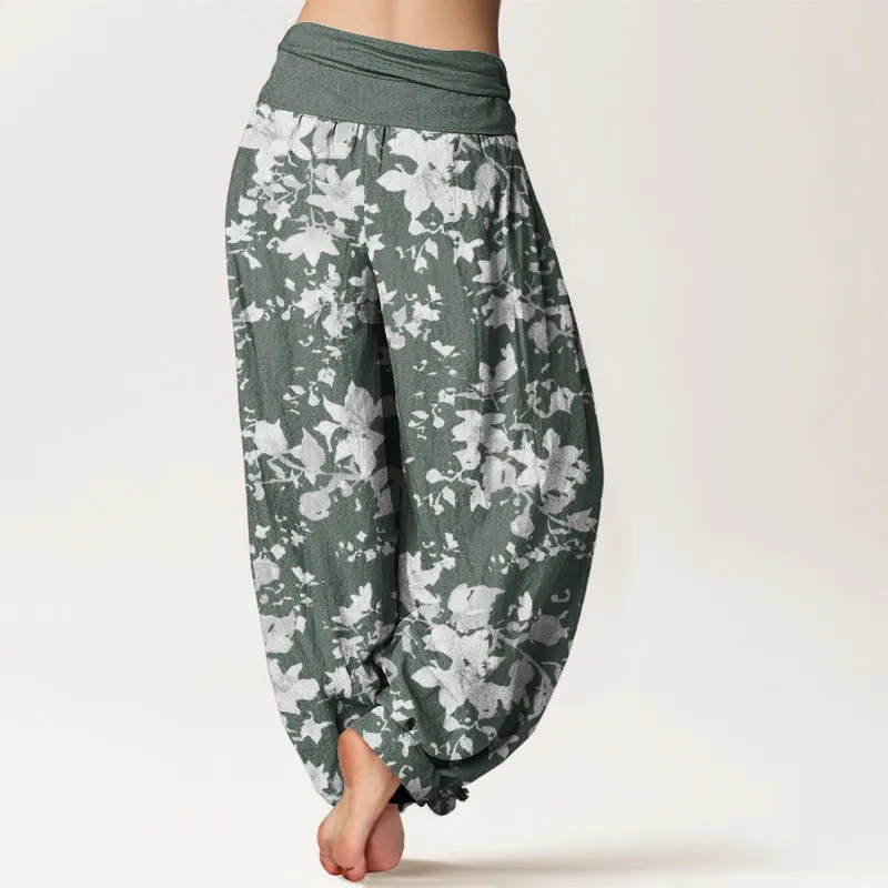 Buddha Stones Leaves Design Women's Elastic Waist Harem Pants