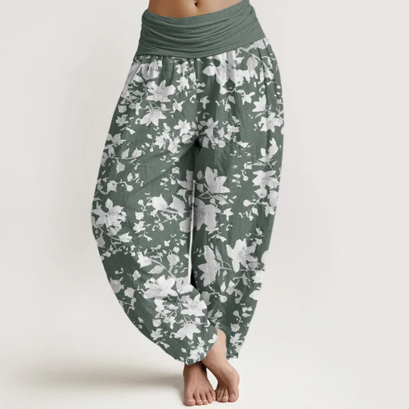 Buddha Stones Leaves Design Women's Elastic Waist Harem Pants