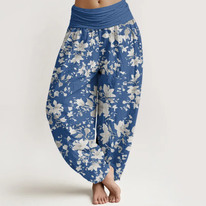 Buddha Stones Leaves Design Women's Elastic Waist Harem Pants
