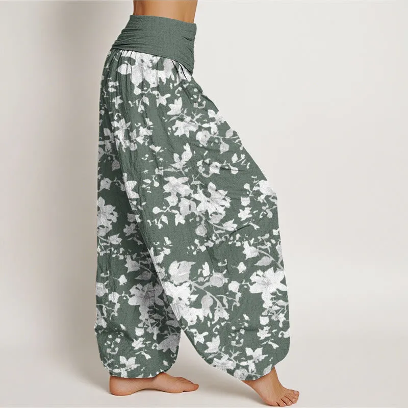 Buddha Stones Leaves Design Women's Elastic Waist Harem Pants