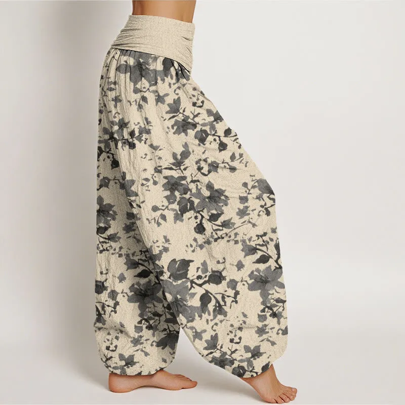 Buddha Stones Leaves Design Women's Elastic Waist Harem Pants