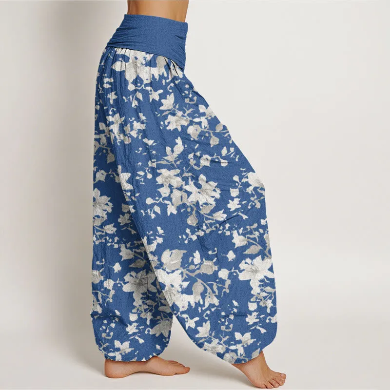 Buddha Stones Leaves Design Women's Elastic Waist Harem Pants