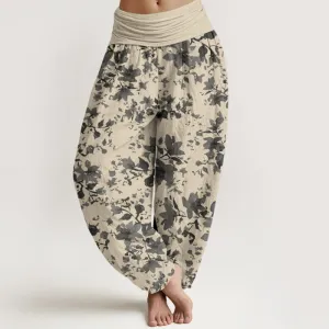 Buddha Stones Leaves Design Women's Elastic Waist Harem Pants