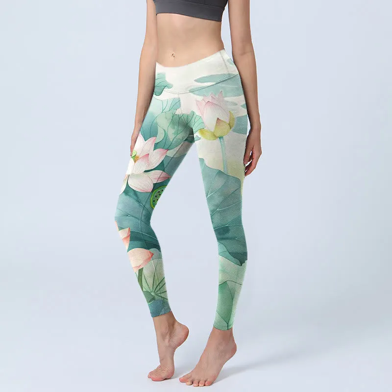 Buddha Stones Lotus Flowers Leaves Lotus Pods Pattern Print Gym Leggings Women's Yoga Pants