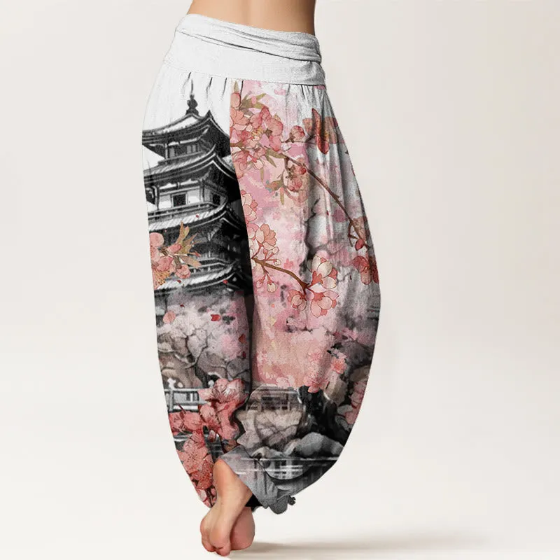 Buddha Stones Pavilion Cherry Blossom Pattern Women's Elastic Waist Harem Pants