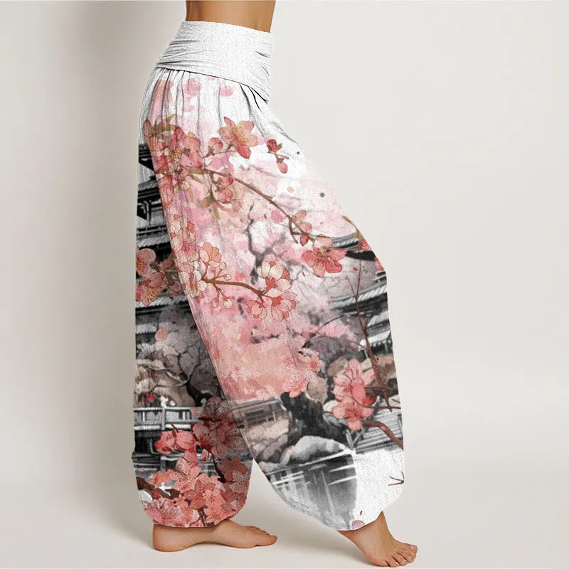 Buddha Stones Pavilion Cherry Blossom Pattern Women's Elastic Waist Harem Pants