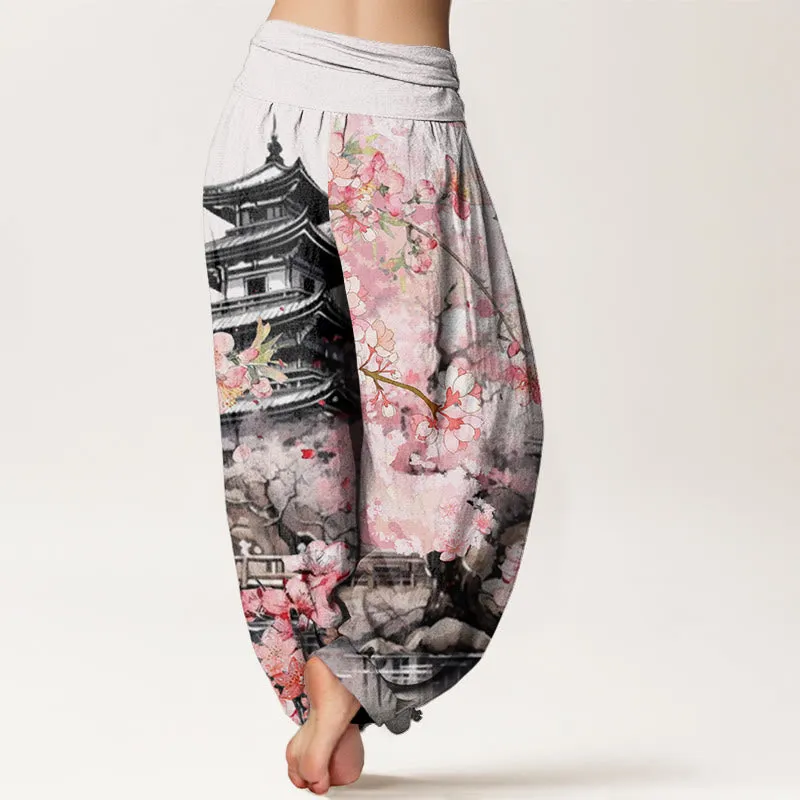 Buddha Stones Pavilion Cherry Blossom Pattern Women's Elastic Waist Harem Pants