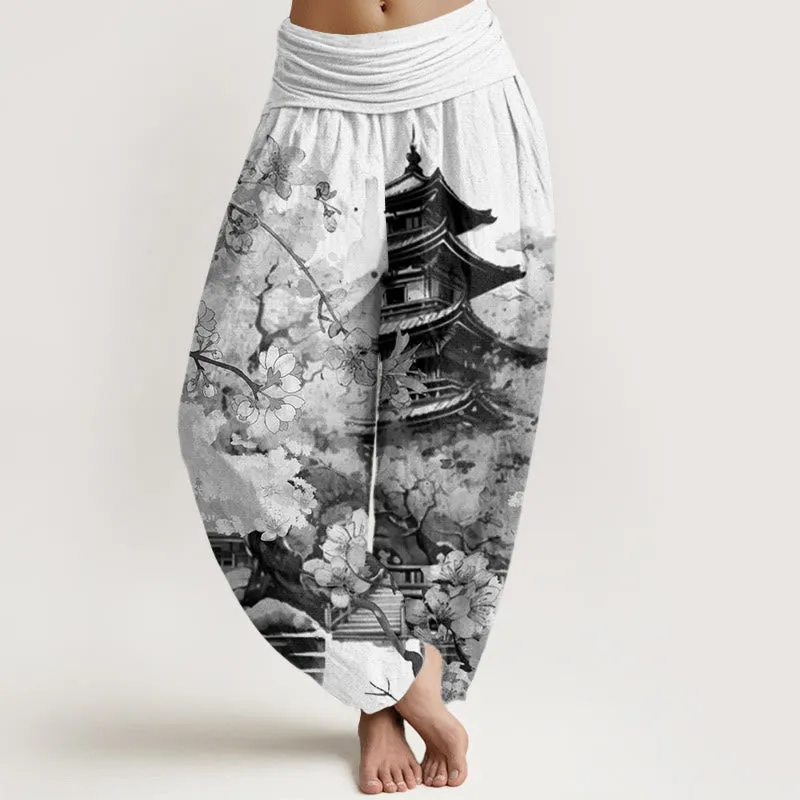 Buddha Stones Pavilion Cherry Blossom Pattern Women's Elastic Waist Harem Pants