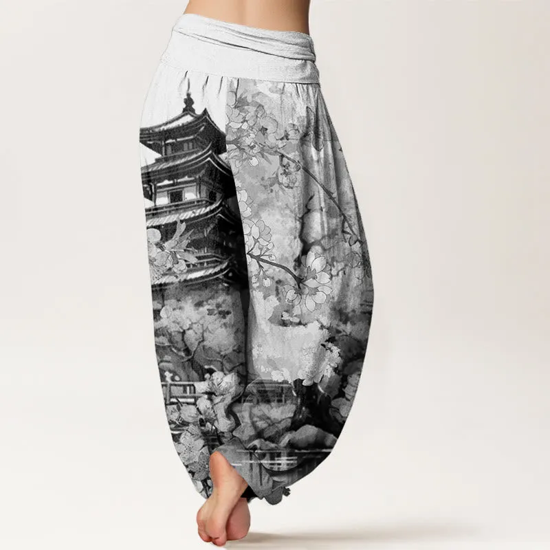 Buddha Stones Pavilion Cherry Blossom Pattern Women's Elastic Waist Harem Pants