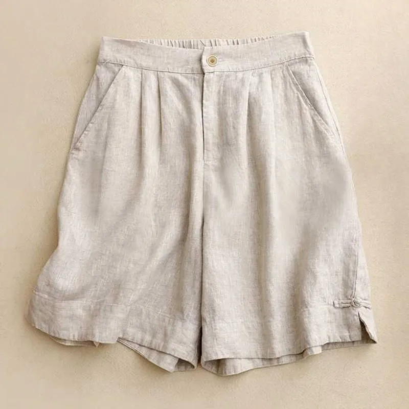 Buddha Stones Summer Casual Solid Color Zipper Button Acrylic Fiber Frog Button Women's Shorts With Pockets