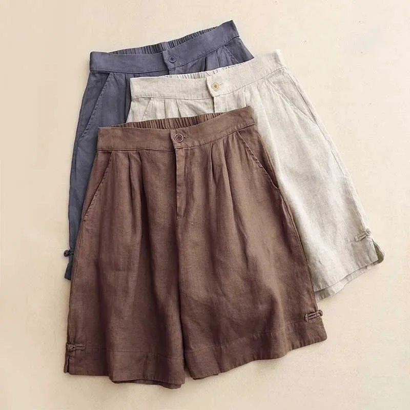 Buddha Stones Summer Casual Solid Color Zipper Button Acrylic Fiber Frog Button Women's Shorts With Pockets