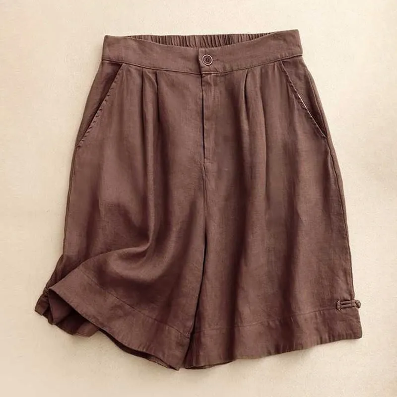 Buddha Stones Summer Casual Solid Color Zipper Button Acrylic Fiber Frog Button Women's Shorts With Pockets