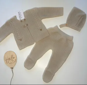 Camel Knitted Jacket With Matching Pants & Hat