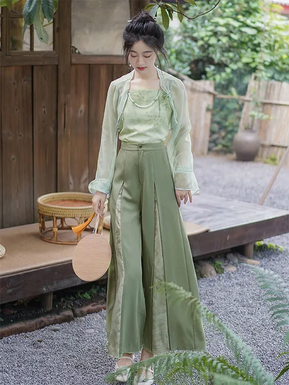 Chinese Style Lolita Outfits Sage Long Sleeves Accessory Pants Top