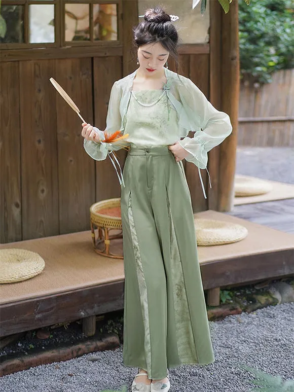 Chinese Style Lolita Outfits Sage Long Sleeves Accessory Pants Top