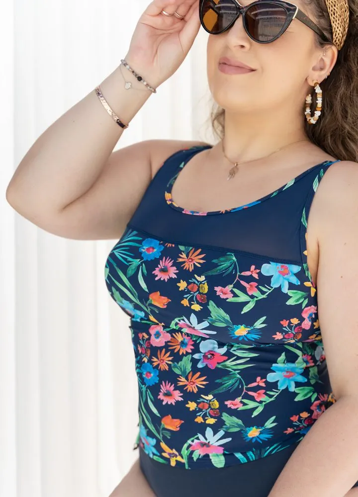 Chlorine Resistant Sheer Neck Side Tie Tankini - Colourful Painterly