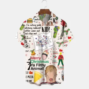 Christmas Cartoon Print Men's Holiday Chest Pocket Shirt Big Tall