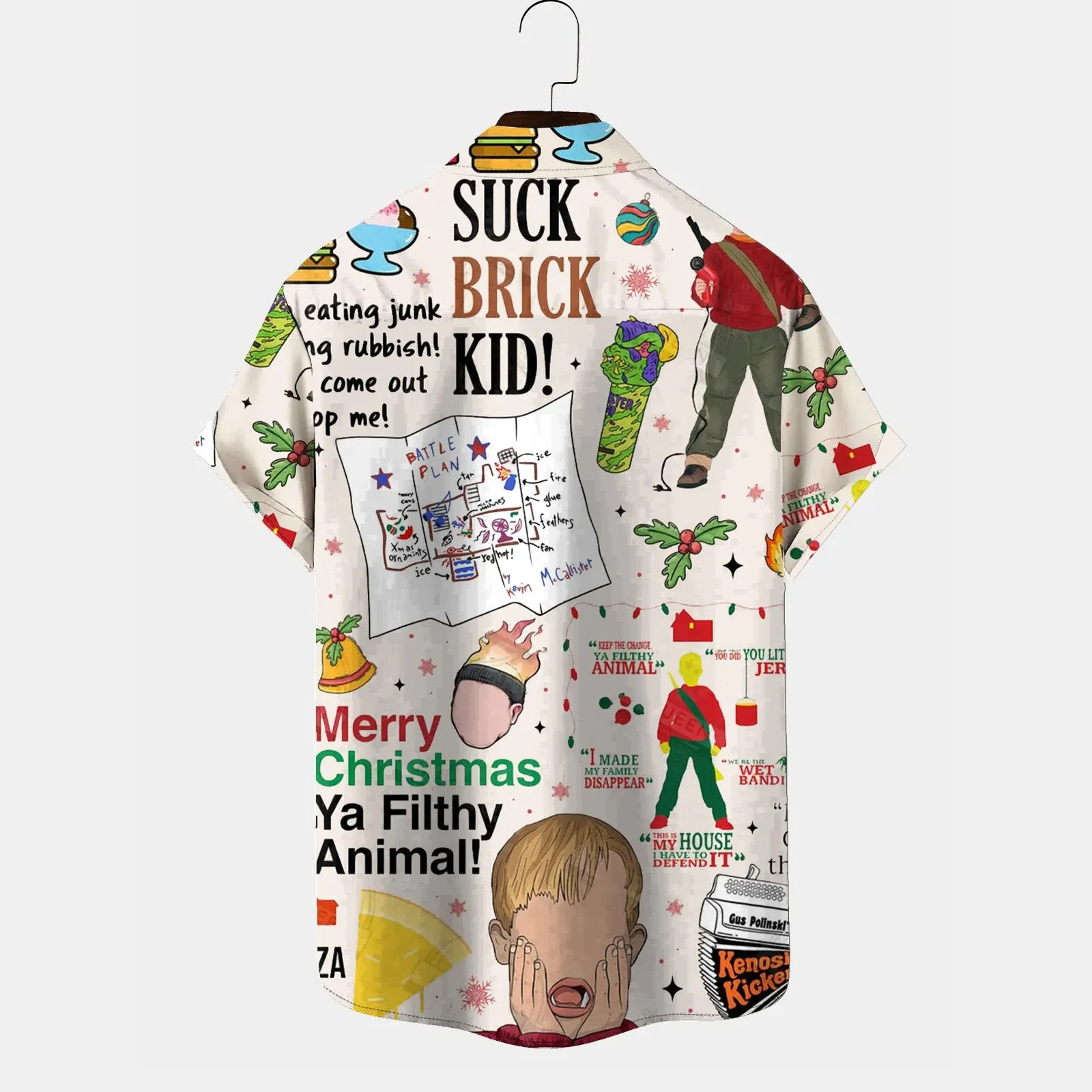 Christmas Cartoon Print Men's Holiday Chest Pocket Shirt Big Tall