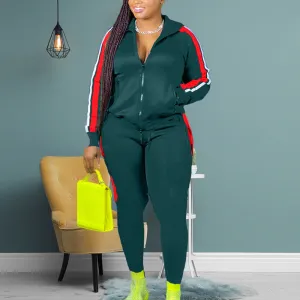 Colorblock Zipper Design Long Sleeve Hooded Top & Pants Set