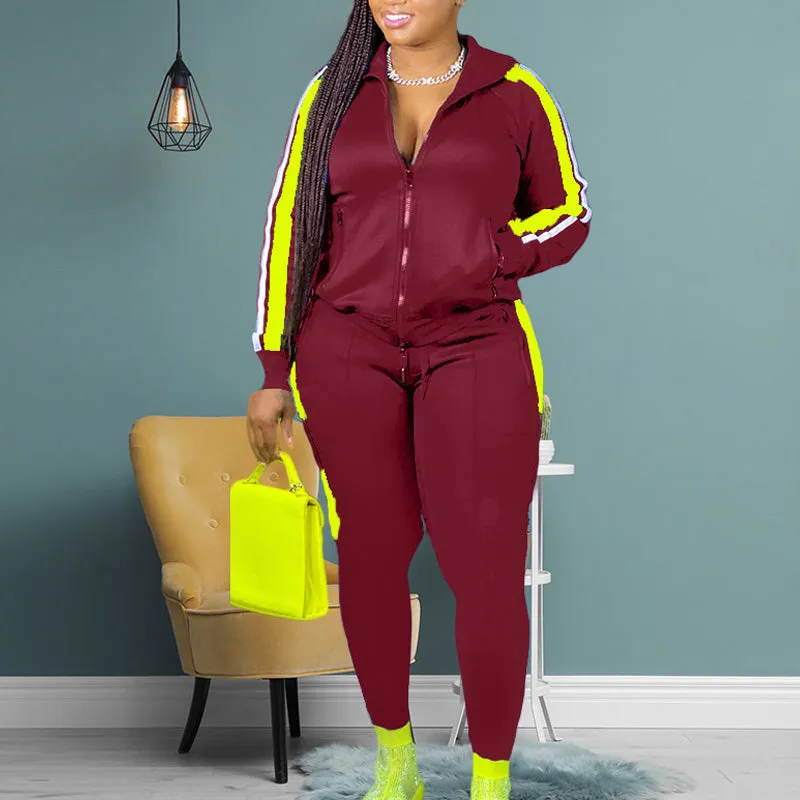 Colorblock Zipper Design Long Sleeve Hooded Top & Pants Set