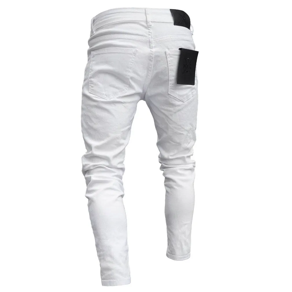 ContiNent 33 Men Stretchy Ripped Skinny Biker Embroidery Print Jeans Destroyed Hole Taped Slim Fit Denim Scratched High Quality Jean