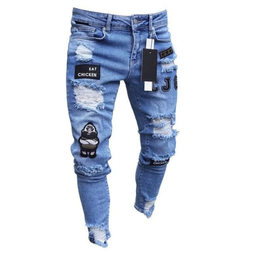 ContiNent 33 Men Stretchy Ripped Skinny Biker Embroidery Print Jeans Destroyed Hole Taped Slim Fit Denim Scratched High Quality Jean