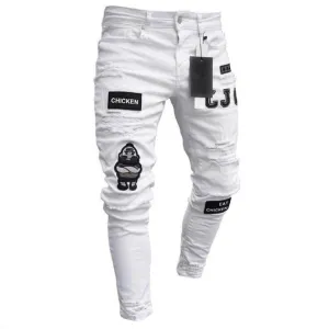 ContiNent 33 Men Stretchy Ripped Skinny Biker Embroidery Print Jeans Destroyed Hole Taped Slim Fit Denim Scratched High Quality Jean