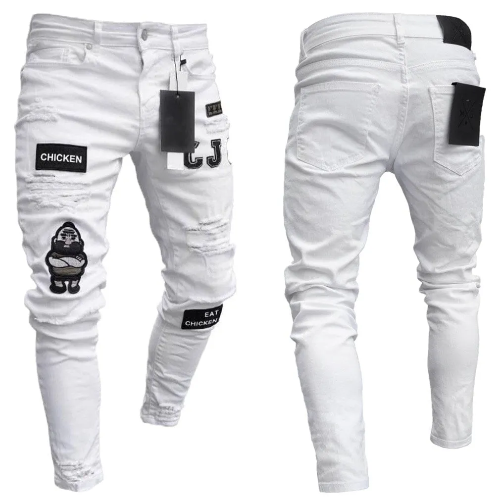 ContiNent 33 Men Stretchy Ripped Skinny Biker Embroidery Print Jeans Destroyed Hole Taped Slim Fit Denim Scratched High Quality Jean