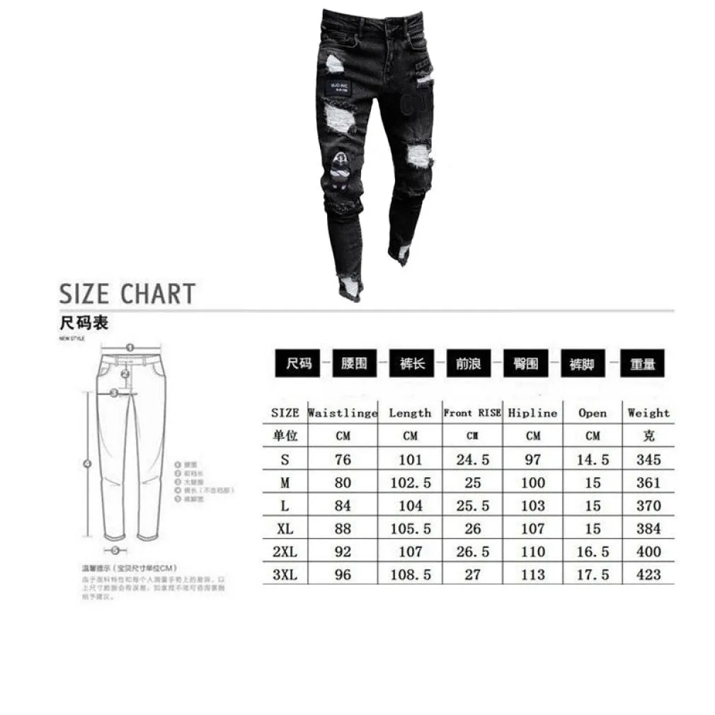 ContiNent 33 Men Stretchy Ripped Skinny Biker Embroidery Print Jeans Destroyed Hole Taped Slim Fit Denim Scratched High Quality Jean