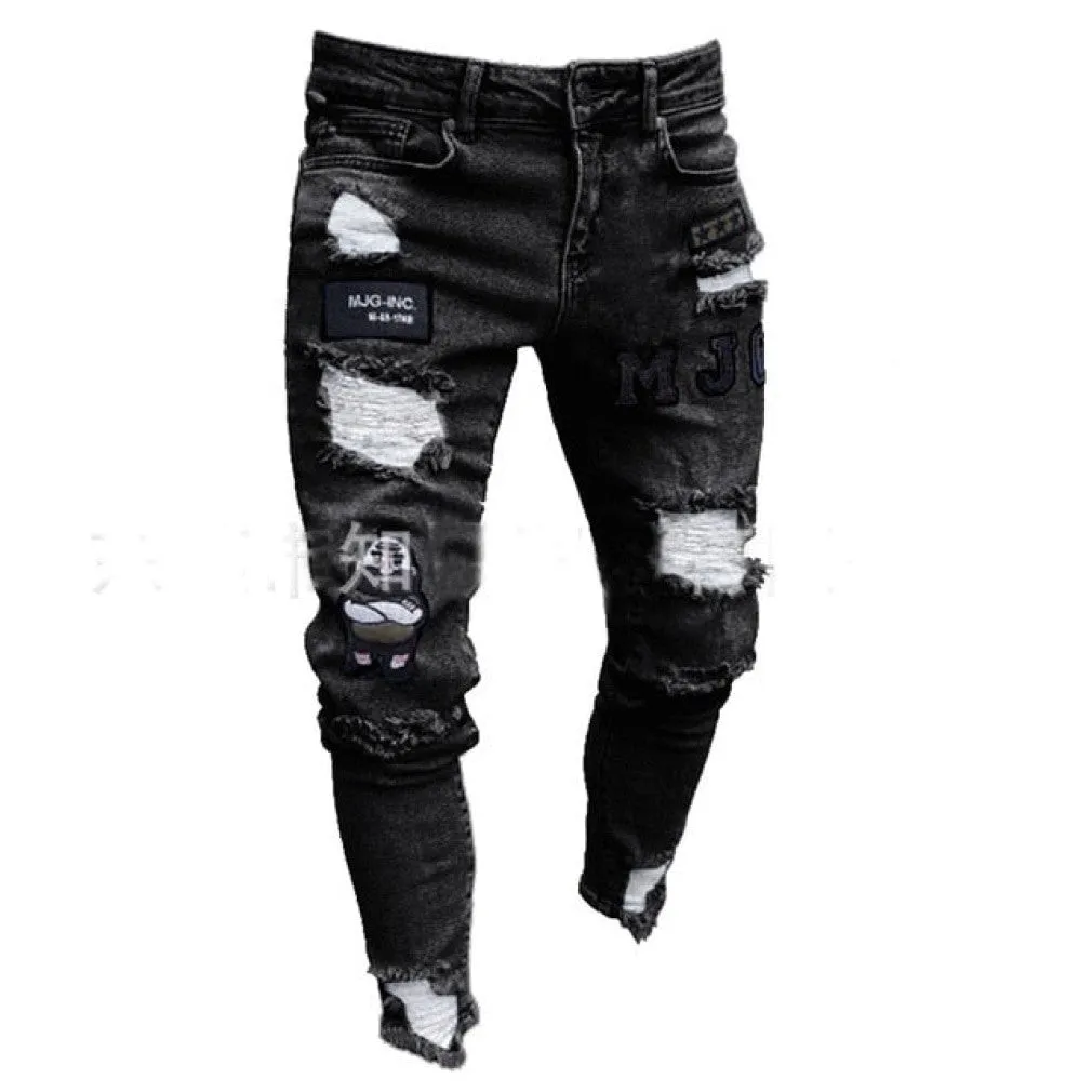 ContiNent 33 Men Stretchy Ripped Skinny Biker Embroidery Print Jeans Destroyed Hole Taped Slim Fit Denim Scratched High Quality Jean