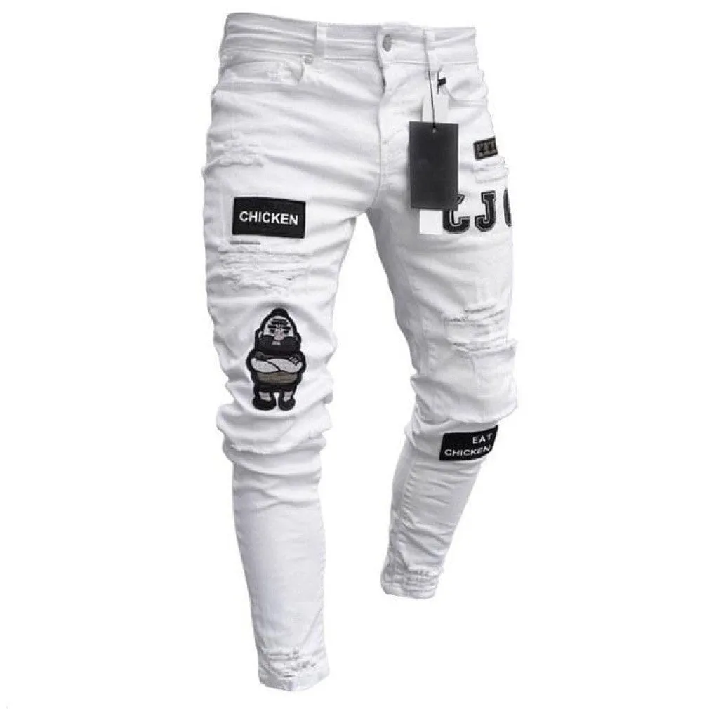 ContiNent 33 Men Stretchy Ripped Skinny Biker Embroidery Print Jeans Destroyed Hole Taped Slim Fit Denim Scratched High Quality Jean