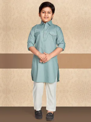 Cool Sea Green Pathani Kurta With White Pants