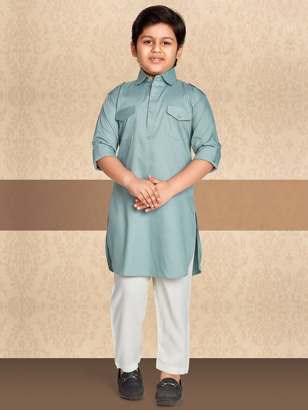 Cool Sea Green Pathani Kurta With White Pants
