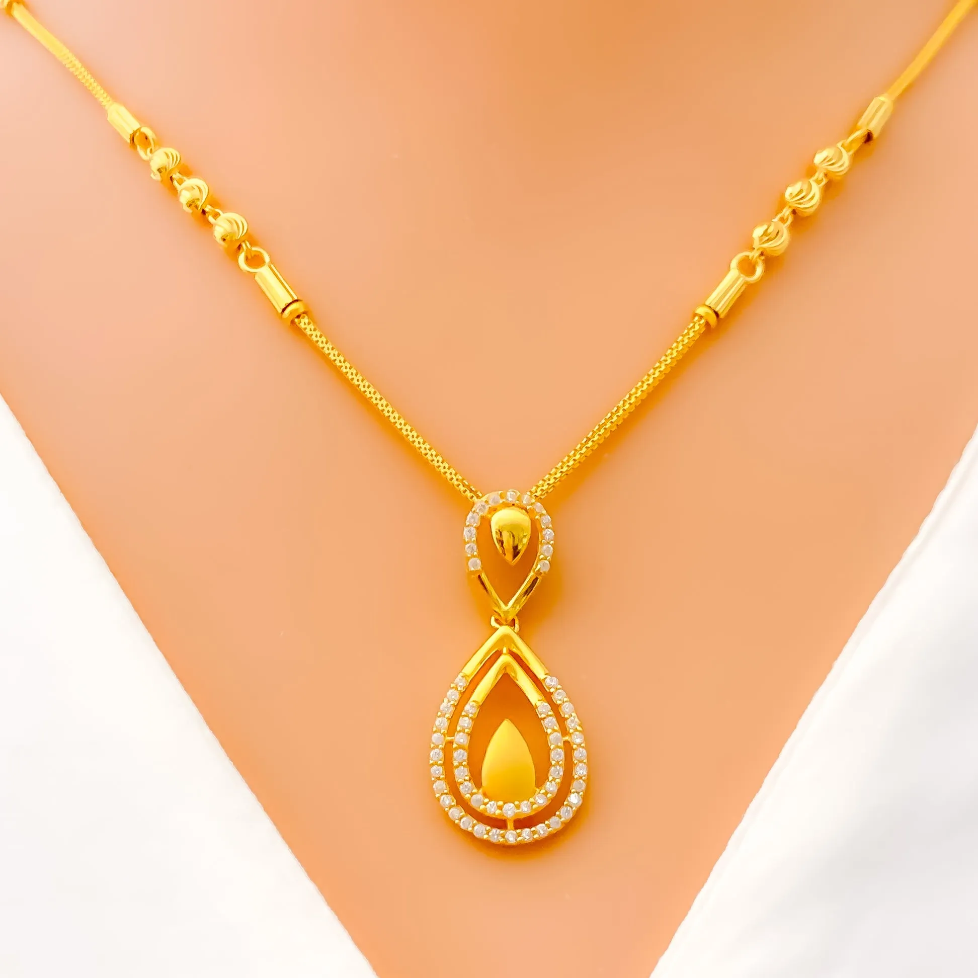 Dazzling Dual Drop 22k Gold CZ Necklace Set