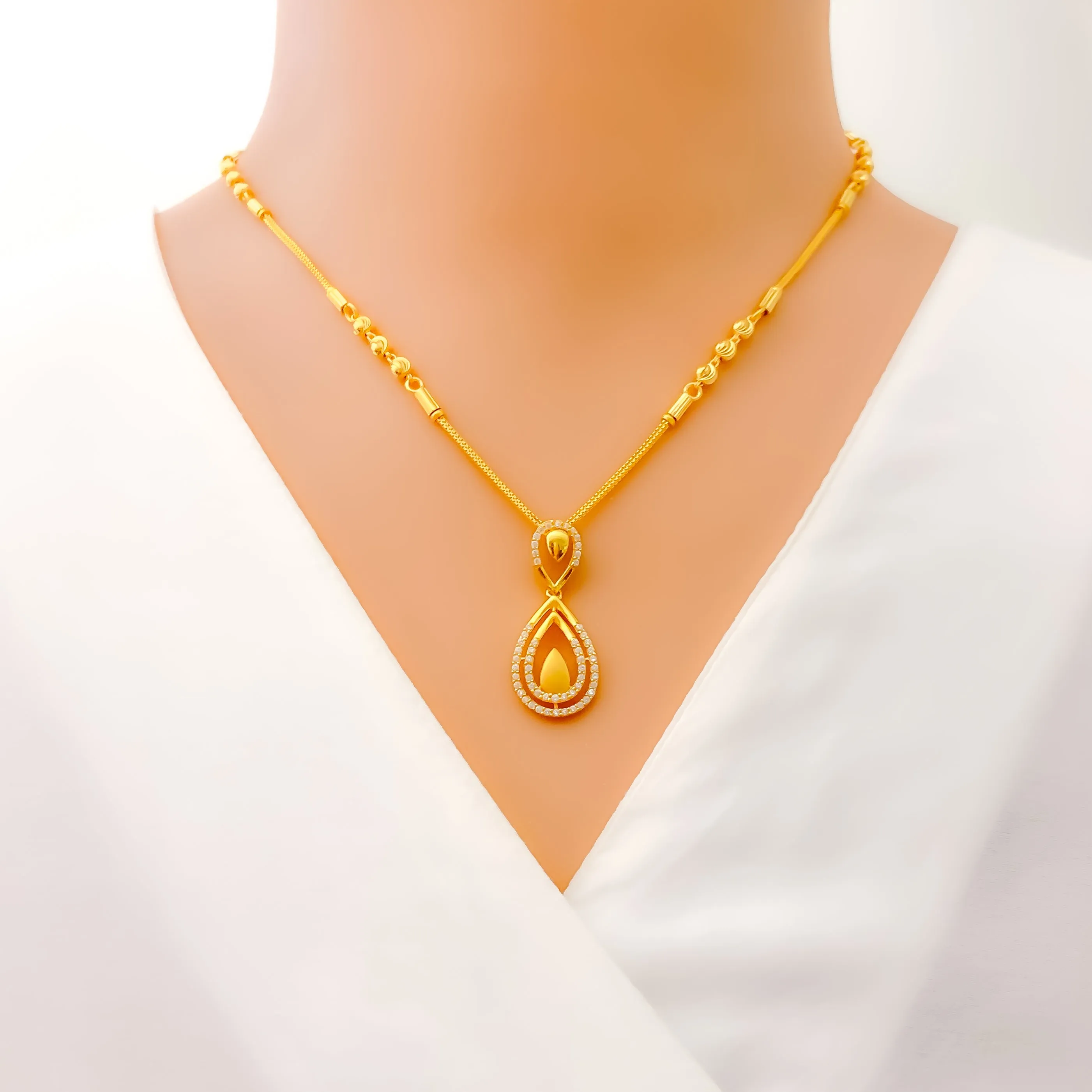 Dazzling Dual Drop 22k Gold CZ Necklace Set