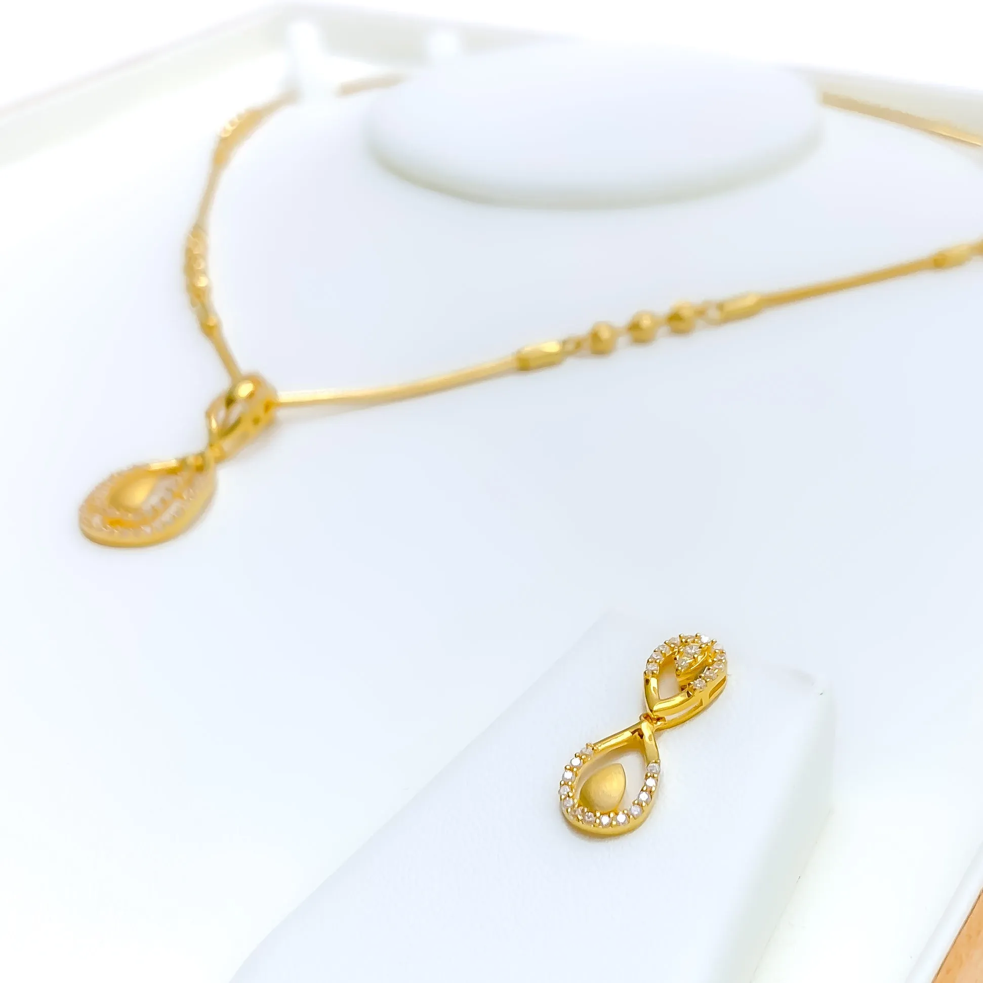Dazzling Dual Drop 22k Gold CZ Necklace Set