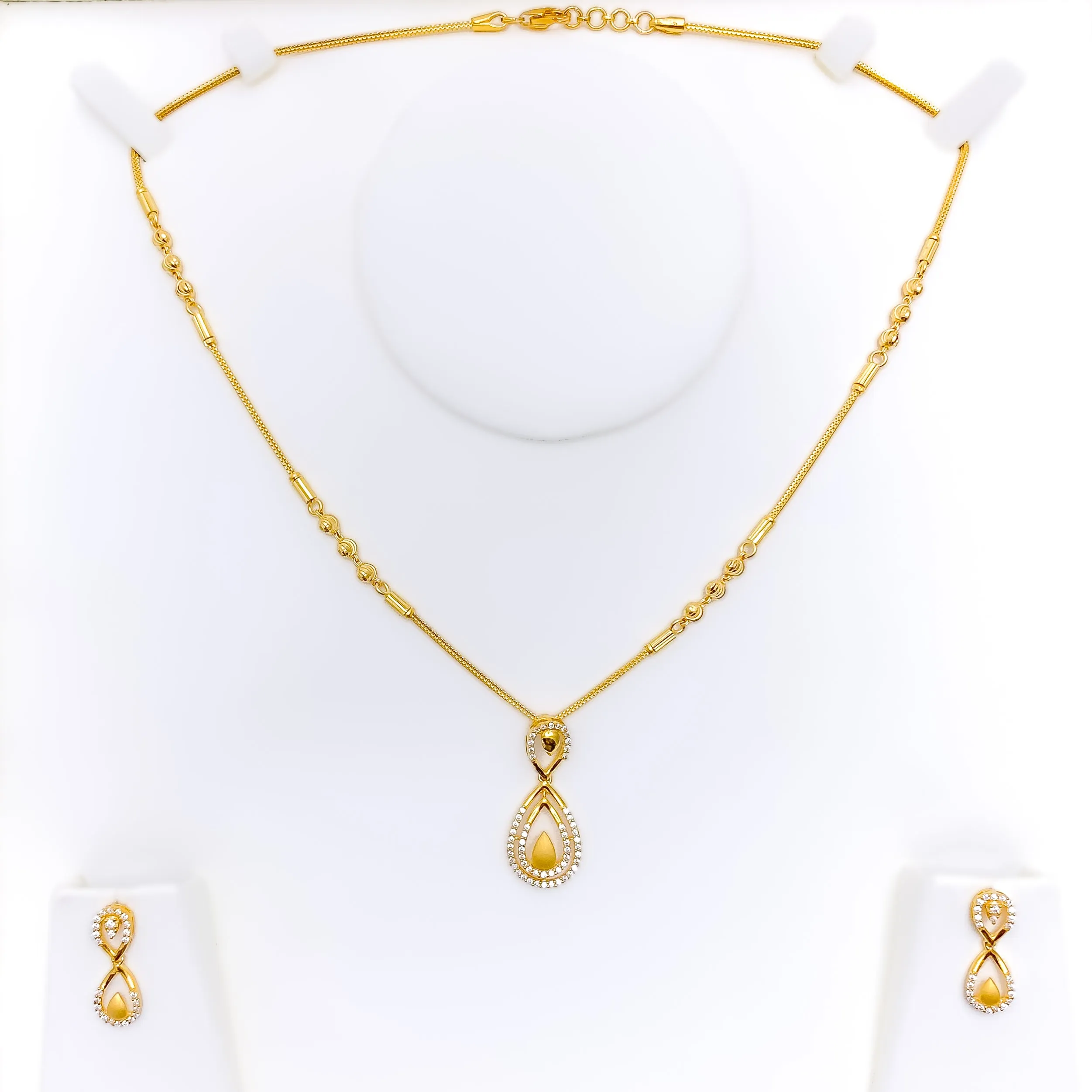 Dazzling Dual Drop 22k Gold CZ Necklace Set