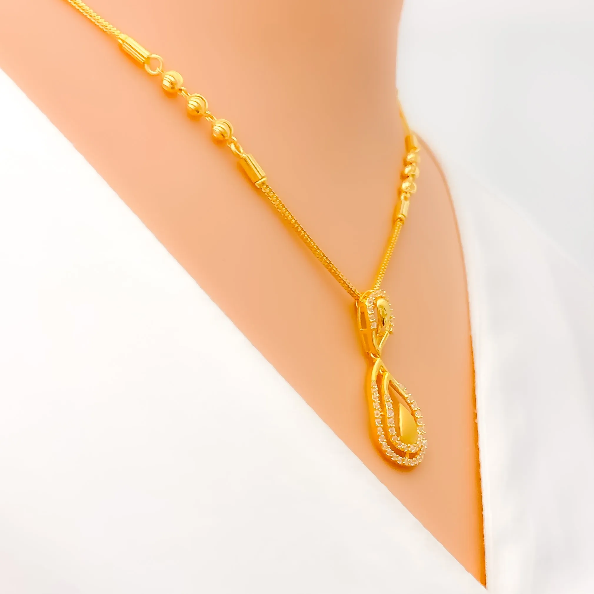 Dazzling Dual Drop 22k Gold CZ Necklace Set