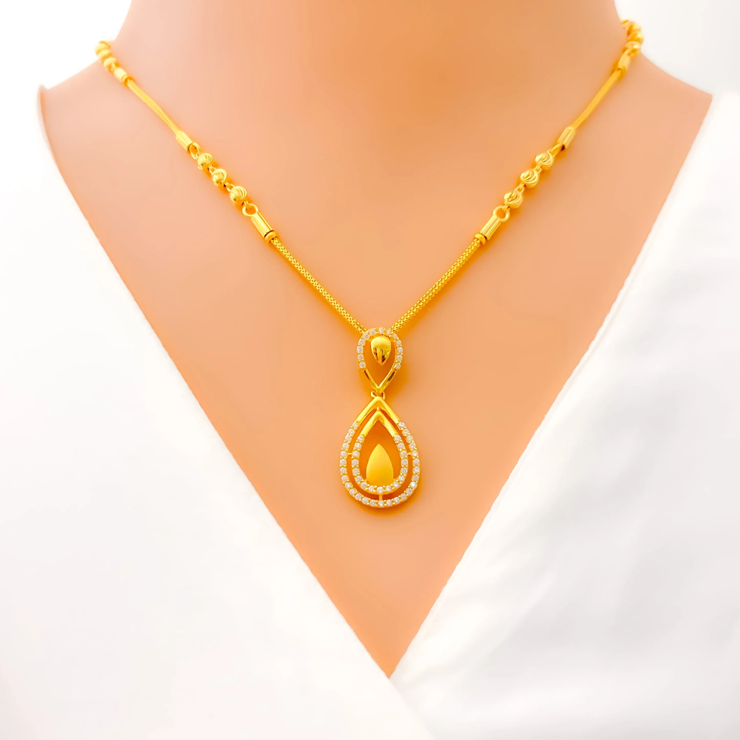 Dazzling Dual Drop 22k Gold CZ Necklace Set