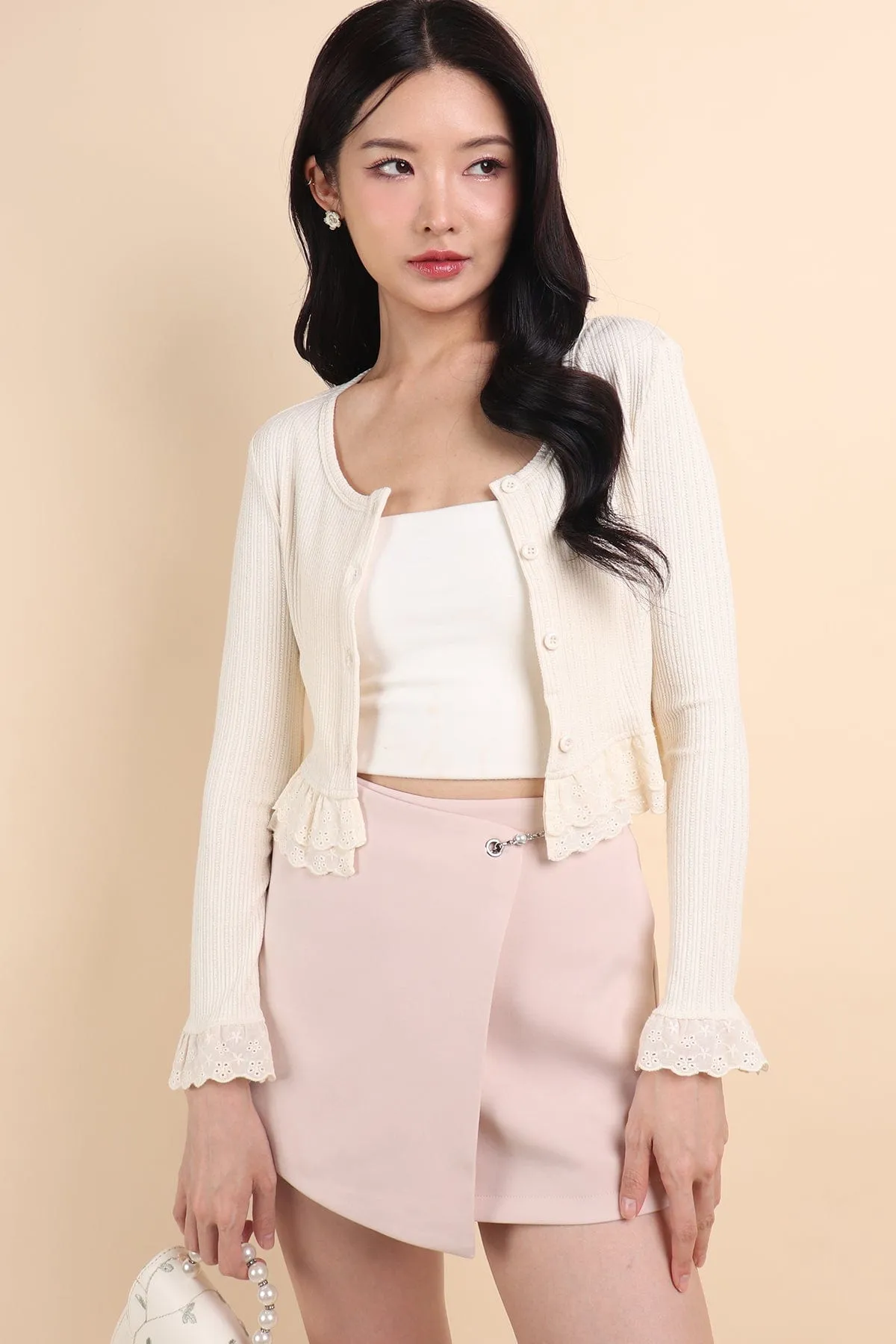 DEMURE CROPPED CARDIGAN IN CREAM