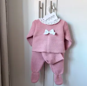 Dusky Pink Bow Knitted Jumper & Pants Outfit With Matching Hat - Aura