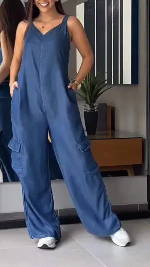 ELLA /Slim Denim Jumpsuit With Cargo Pockets