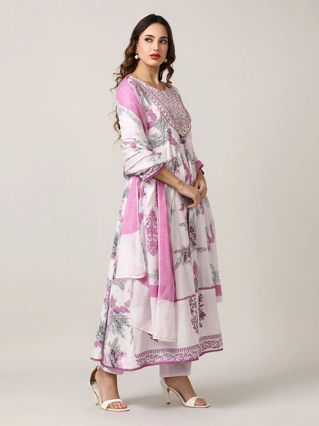 Embroidered Pure Cotton Floral Kurta Sets With Dupatta