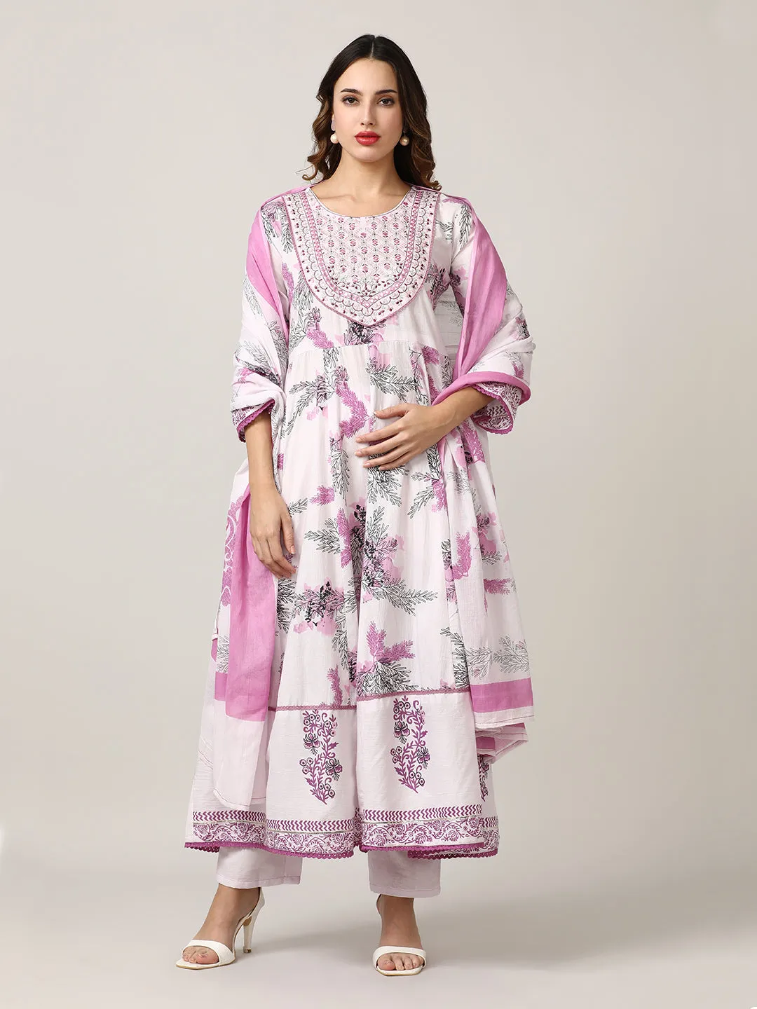 Embroidered Pure Cotton Floral Kurta Sets With Dupatta