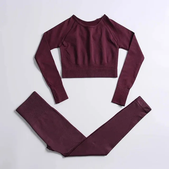 Energy Seamless Yoga Set - Sport Outfit for Women, Gym Clothing Fitness Long Sleeve Crop Top High Waist Leggings, Running Sportswear