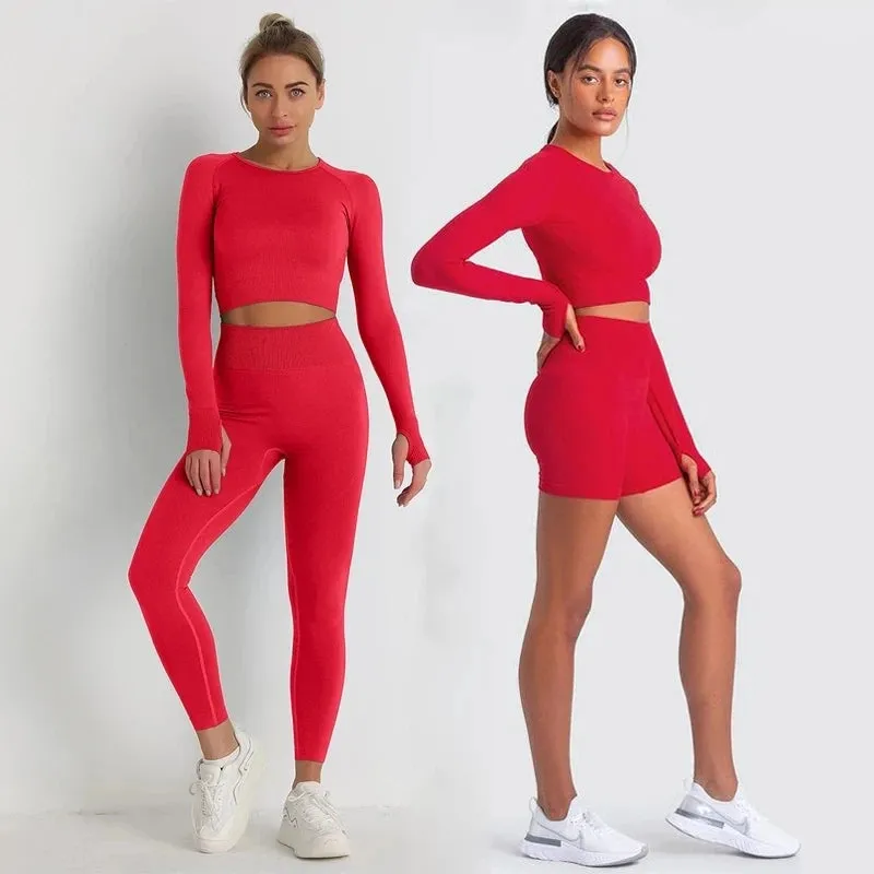 Energy Seamless Yoga Set - Sport Outfit for Women, Gym Clothing Fitness Long Sleeve Crop Top High Waist Leggings, Running Sportswear