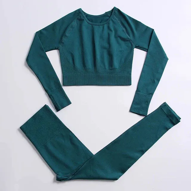Energy Seamless Yoga Set - Sport Outfit for Women, Gym Clothing Fitness Long Sleeve Crop Top High Waist Leggings, Running Sportswear
