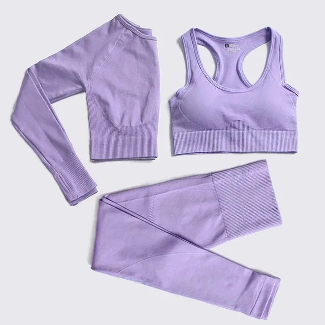 Energy Seamless Yoga Set - Sport Outfit for Women, Gym Clothing Fitness Long Sleeve Crop Top High Waist Leggings, Running Sportswear